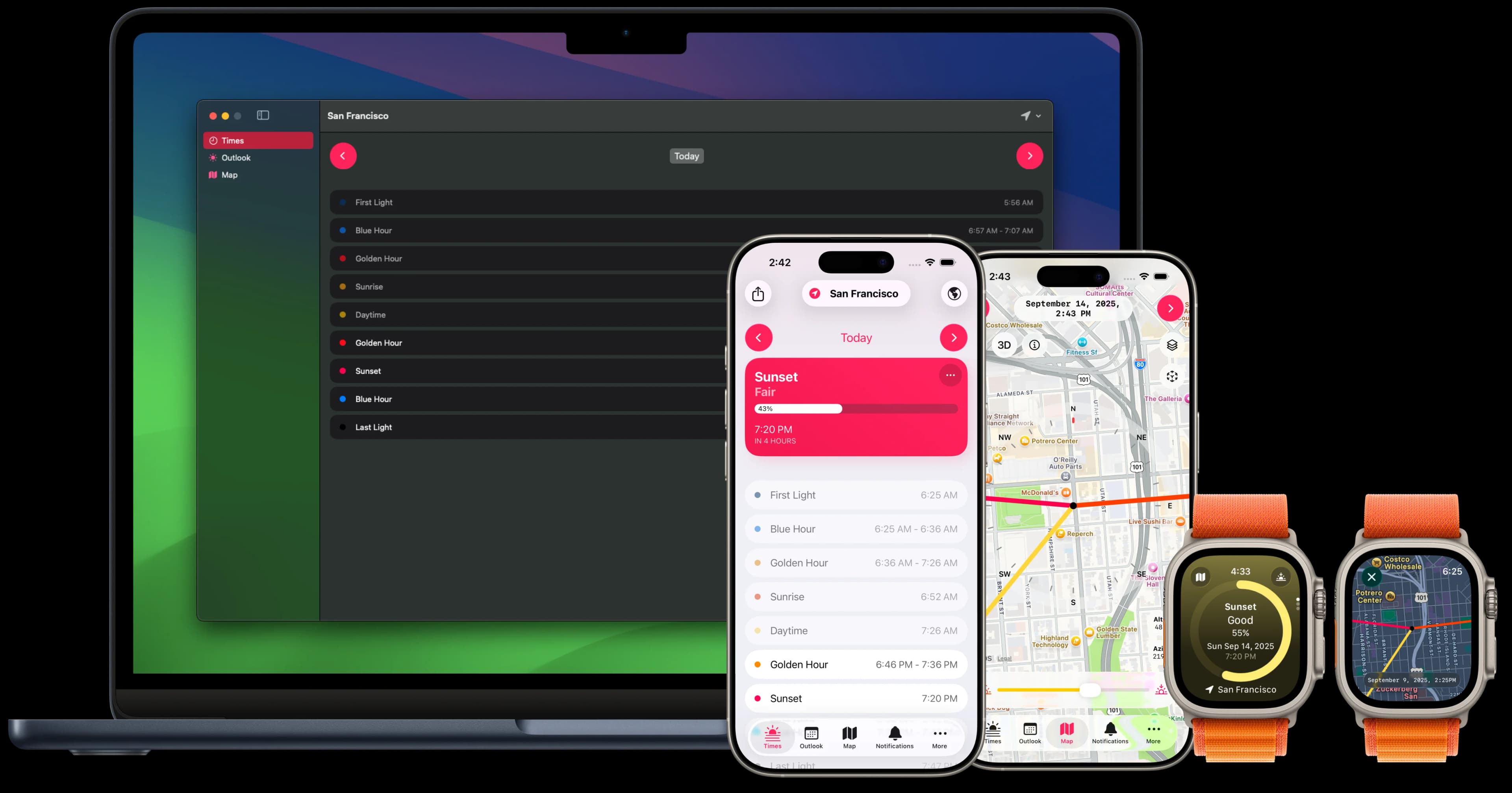 Screenshots of Alpenglow on iPhone and Apple Watch