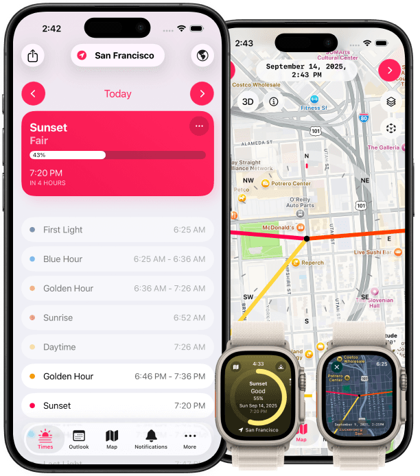 Screenshots of Alpenglow on Apple Watch